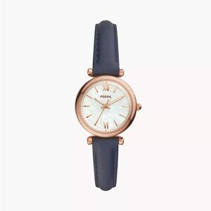NWOT Fossil Carlie Mini Three-Hand Navy Leather Watch